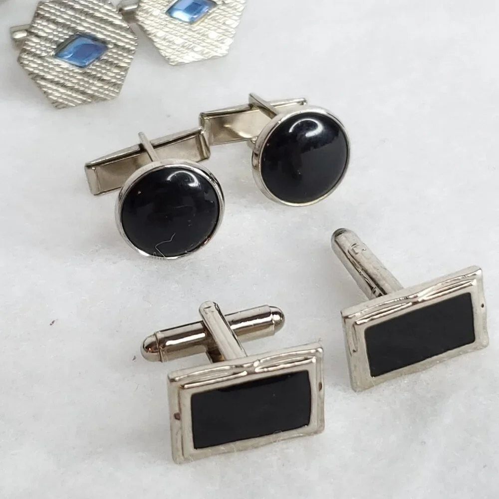 Vintage Cufflink Lot Silver Tone Black Green Blue Purple 8 Pair